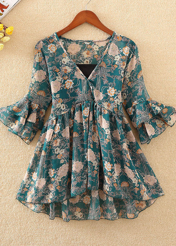 Einzigartiges rotes Chiffon-Hemd mit V-Ausschnitt und Blumenmuster