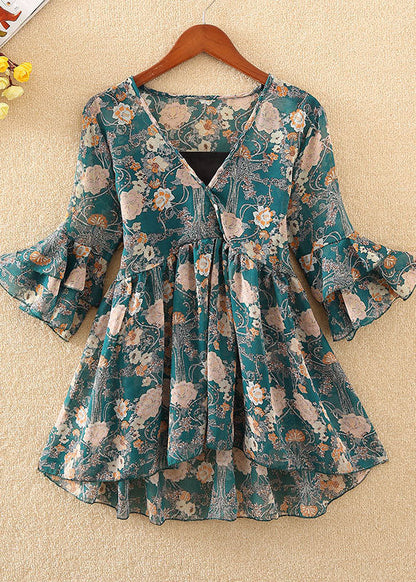 Einzigartiges rotes Chiffon-Hemd mit V-Ausschnitt und Blumenmuster