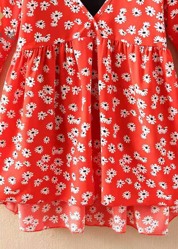 Einzigartiges rotes Chiffon-Hemd mit V-Ausschnitt und Blumenmuster