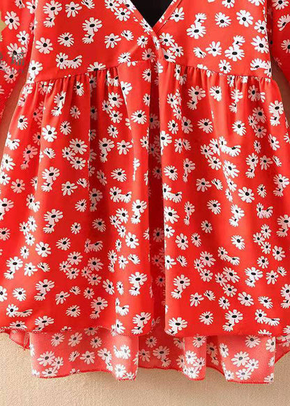 Einzigartiges rotes Chiffon-Hemd mit V-Ausschnitt und Blumenmuster