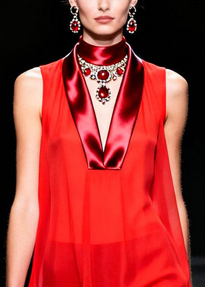 Unique Red V Neck Patchwork Chiffon Mini Dress Sleeveless