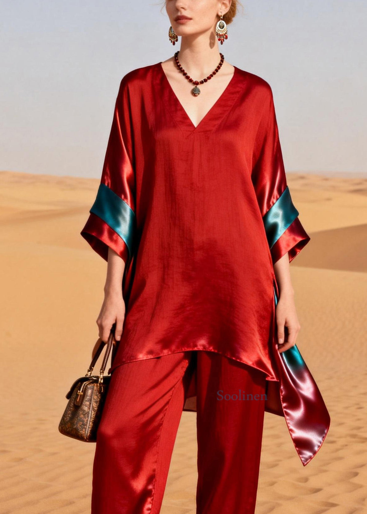 Unique Red V Neck Patchwork Linen Silk Two Pieces Set Summer