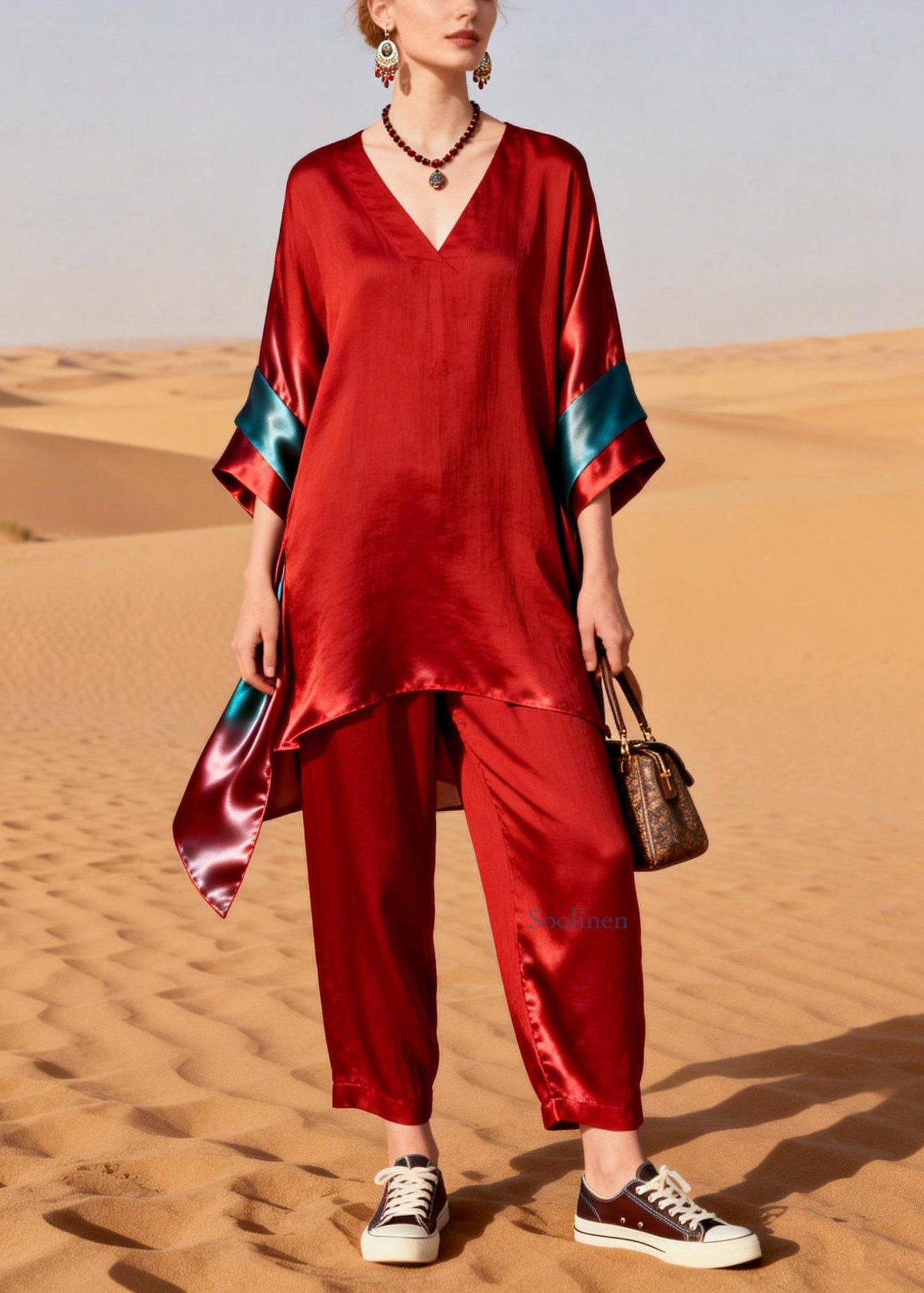Unique Red V Neck Patchwork Linen Silk Two Pieces Set Summer