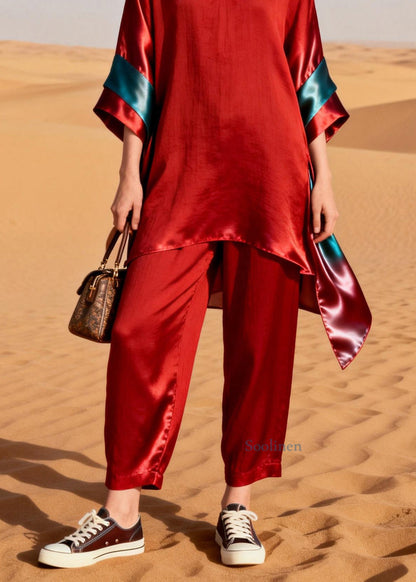 Unique Red V Neck Patchwork Linen Silk Two Pieces Set Summer