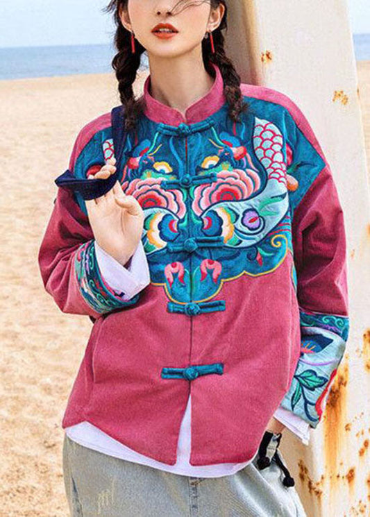 Einzigartiger roter Knopf Stehkragen bestickter Cordmantel Frühling