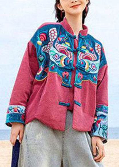 Einzigartiger roter Knopf Stehkragen bestickter Cordmantel Frühling