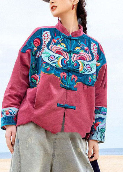 Einzigartiger roter Knopf Stehkragen bestickter Cordmantel Frühling