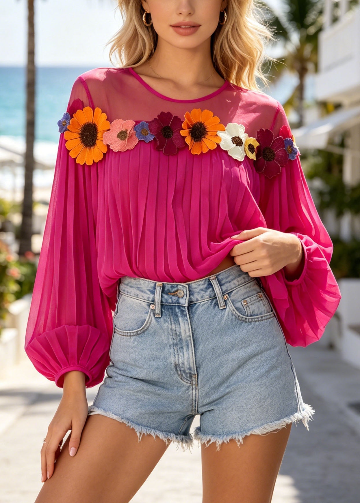 Unique Rose Oversized Patchwork Daisy Chiffon Top Summer