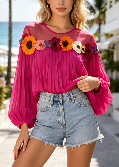 Unique Rose Oversized Patchwork Daisy Chiffon Top Summer