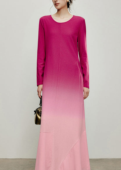 Unique Rose Pink Gradient O-Neck Patchwork Maxi Dress Long Sleeve