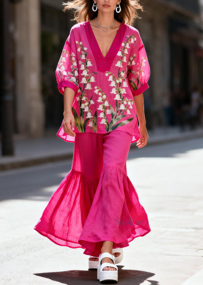 Unique Rose Print Cotton Tops And Bell-bottom Trousers Women Sets 2 Pieces Summer