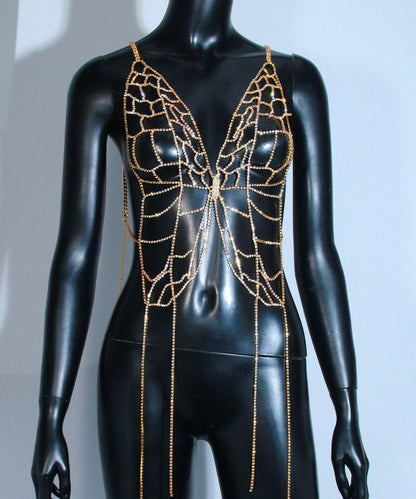 Unique Silk Copper Overgild Zircon Hollow Out Butterfly Body Chain