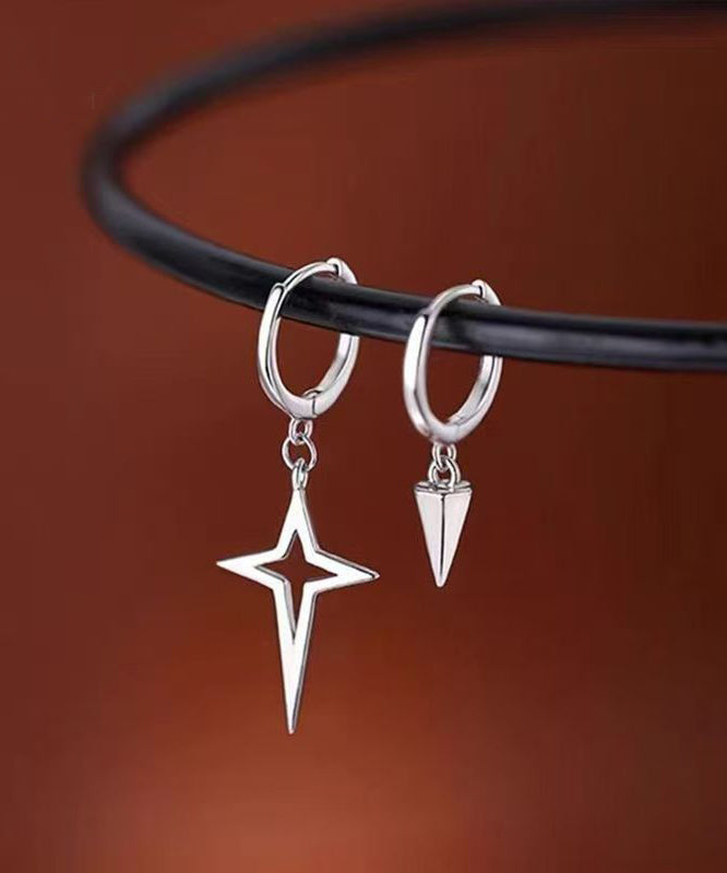 Unique Silk Sterling Silver Asymmetric Cros Star Drop Earrings