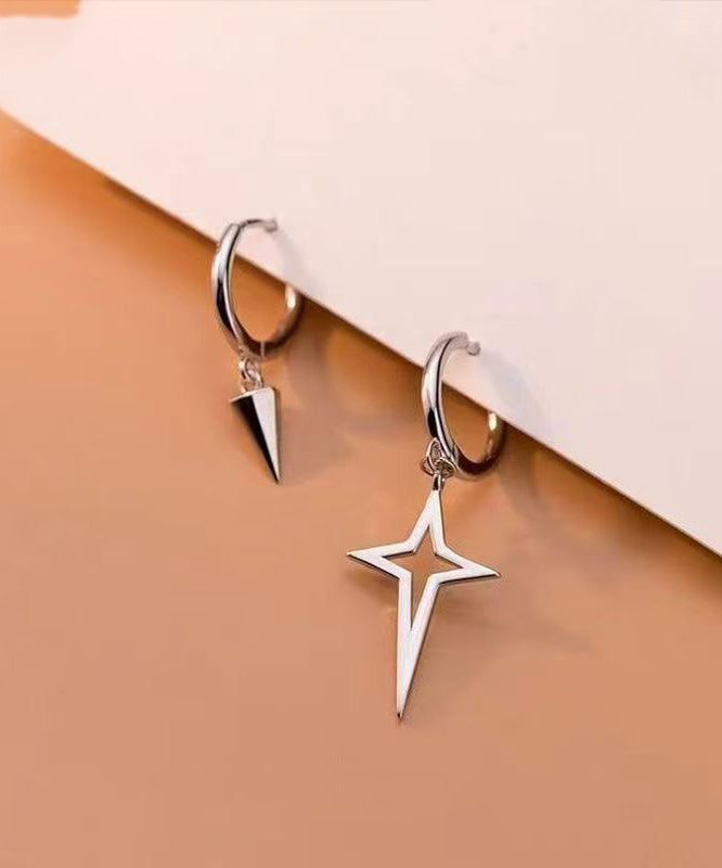 Unique Silk Sterling Silver Asymmetric Cros Star Drop Earrings