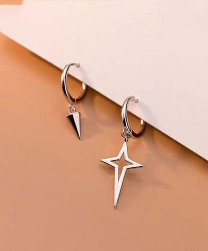 Unique Silk Sterling Silver Asymmetric Cros Star Drop Earrings