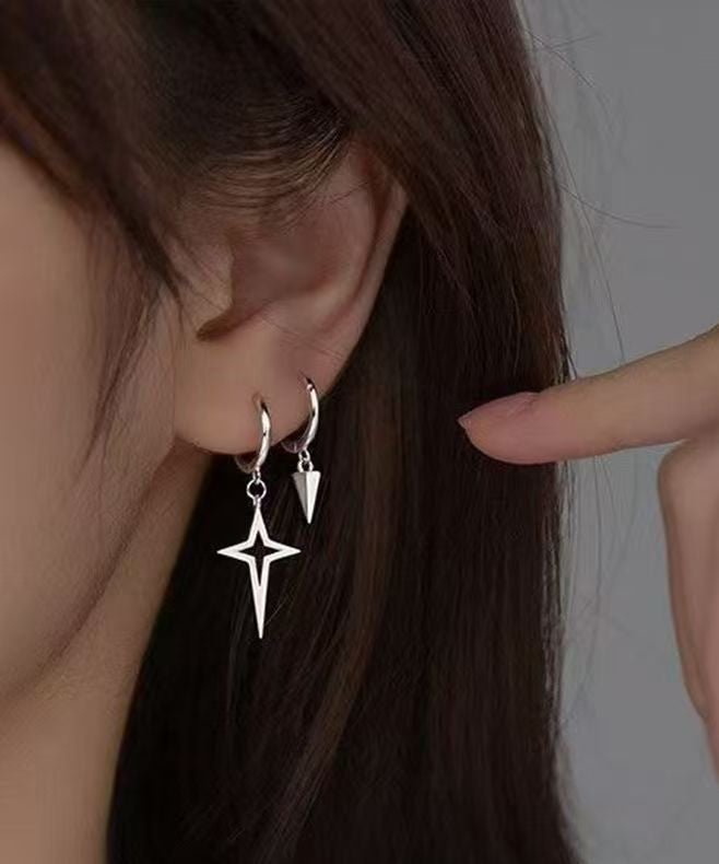 Unique Silk Sterling Silver Asymmetric Cros Star Drop Earrings