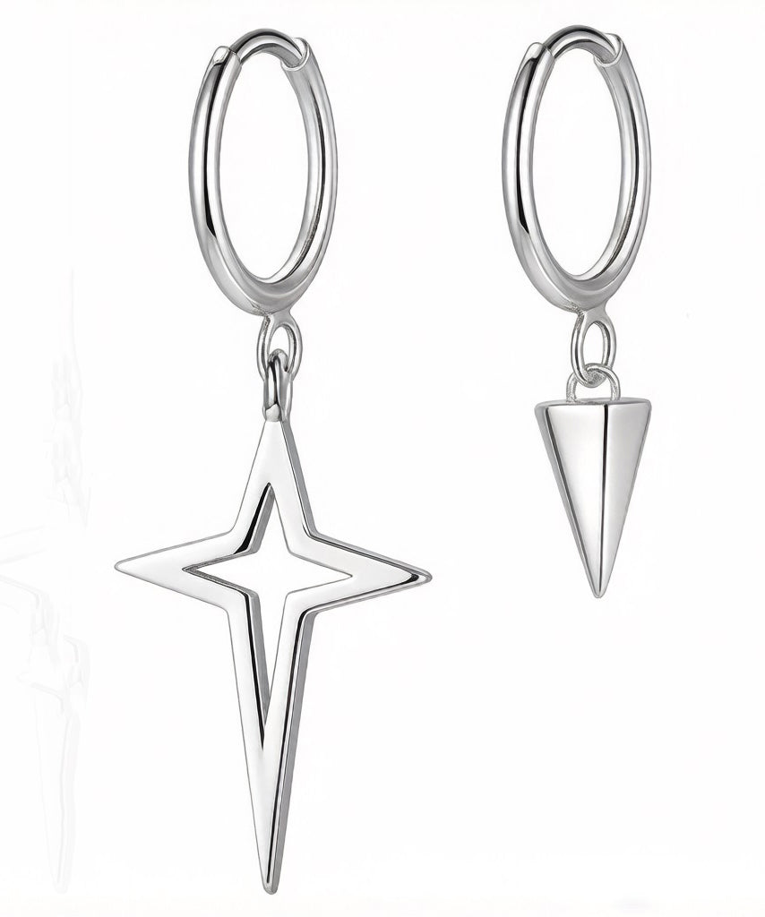 Unique Silk Sterling Silver Asymmetric Cros Star Drop Earrings