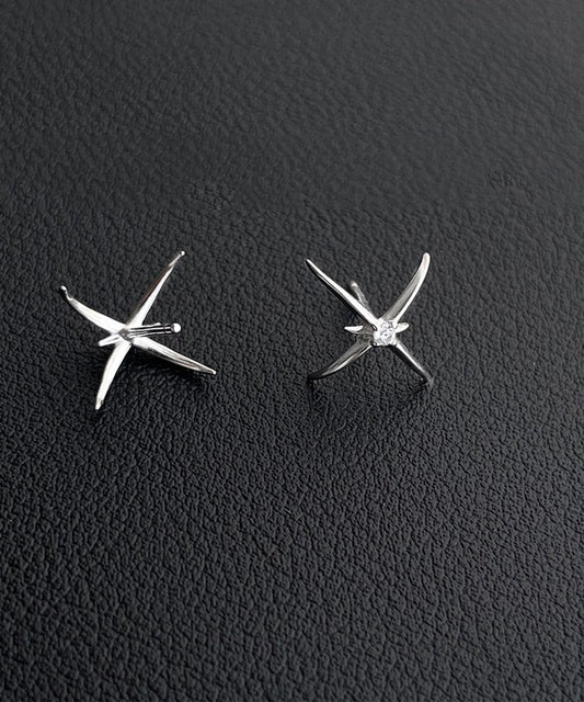 Unique Silk Sterling Silver Four-Pointed Star Stud Earrings
