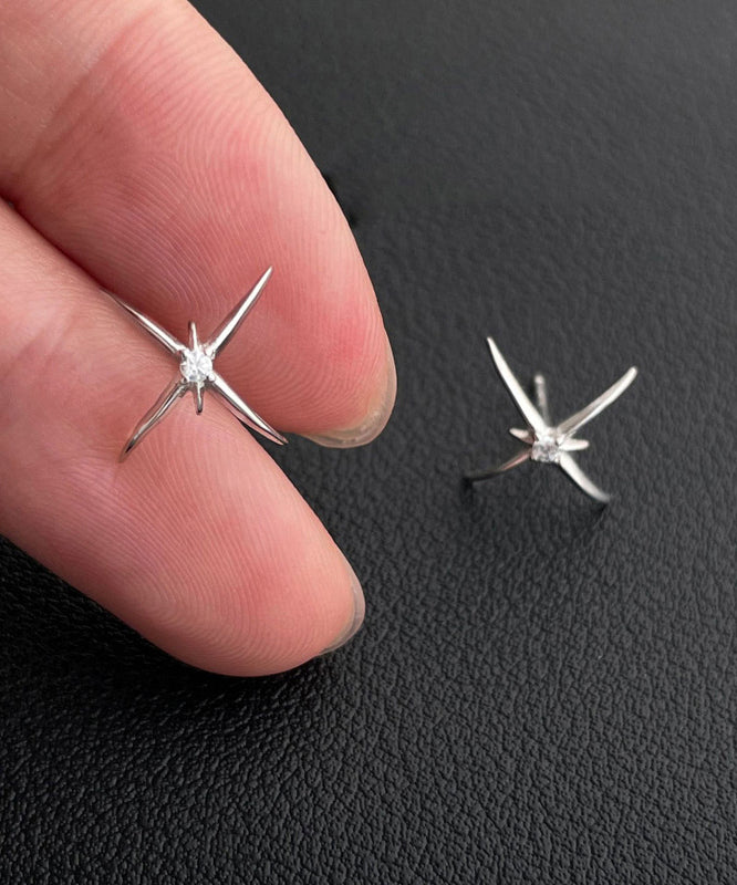 Unique Silk Sterling Silver Four-Pointed Star Stud Earrings
