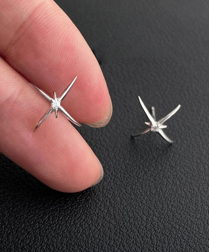 Unique Silk Sterling Silver Four-Pointed Star Stud Earrings