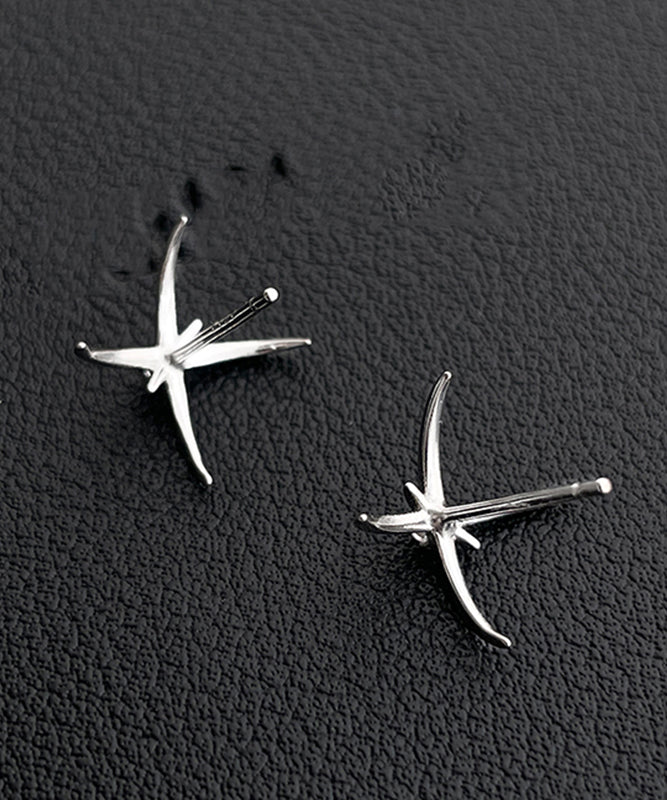 Unique Silk Sterling Silver Four-Pointed Star Stud Earrings