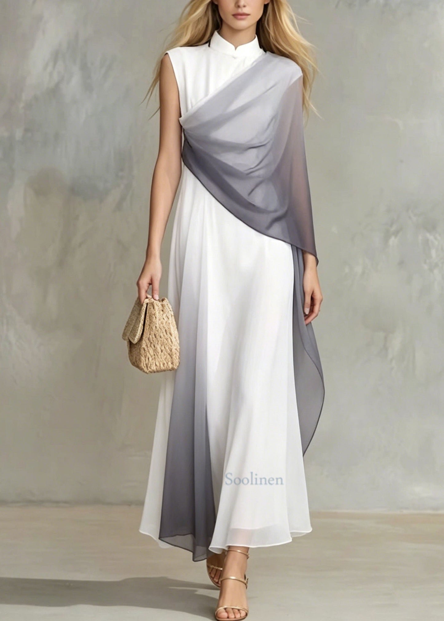 Unique Stand Collar Patchwork Chiffon Long Dress Summer