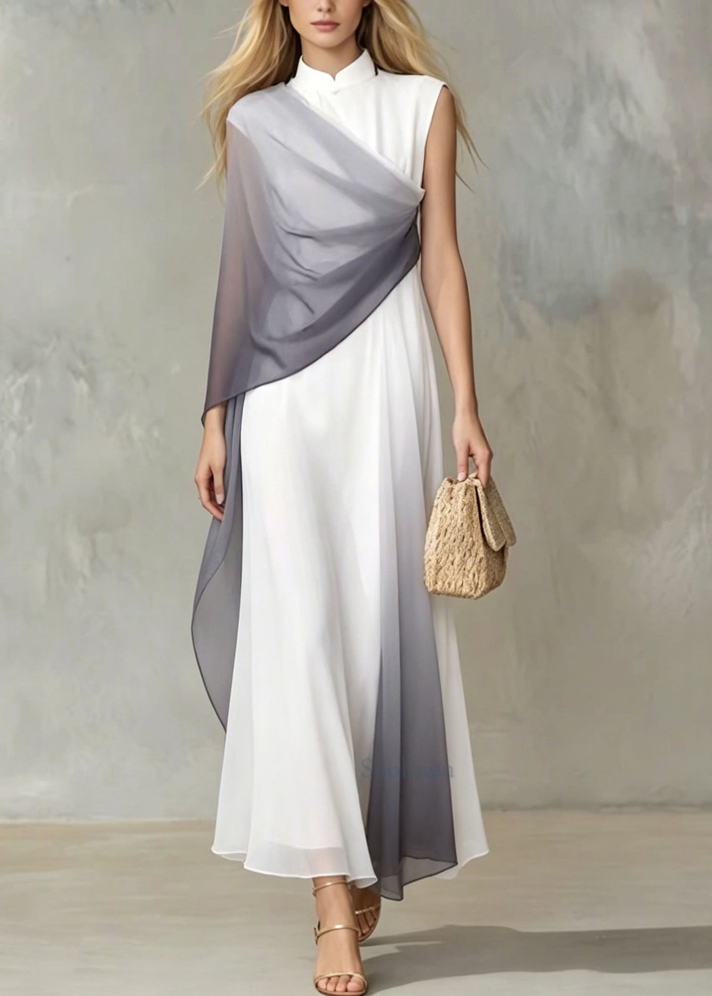 Unique Stand Collar Patchwork Chiffon Long Dress Summer