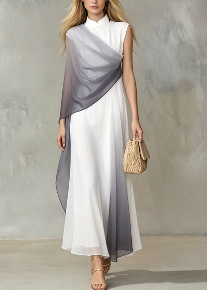 Unique Stand Collar Patchwork Chiffon Long Dress Summer