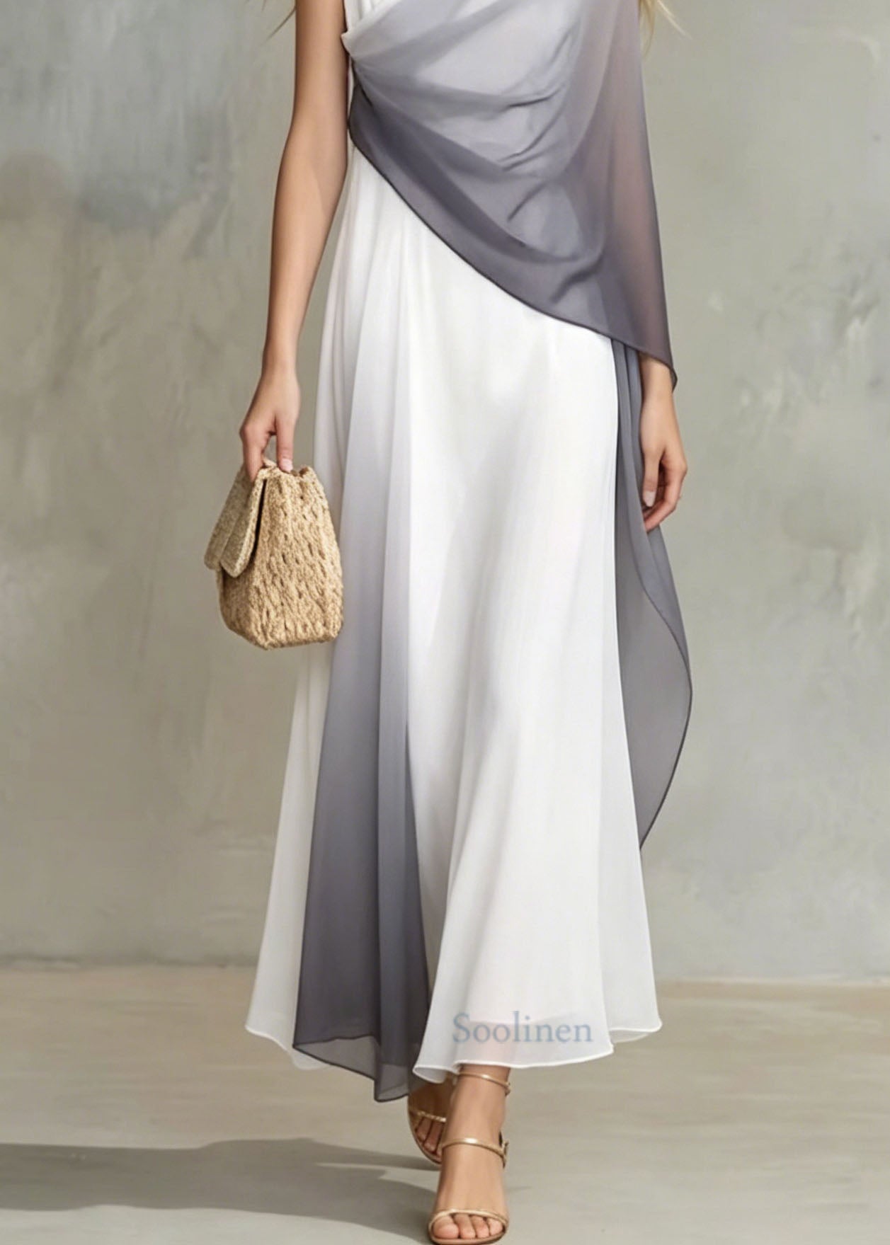 Unique Stand Collar Patchwork Chiffon Long Dress Summer