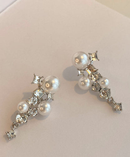 Pendientes únicos de plata de ley con borlas geométricas de circonita y perla