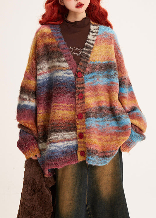 Abrigos de punto acogedores con botones y cuello en V a rayas únicos para invierno