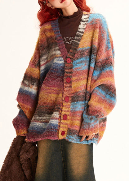 Abrigos de punto acogedores con botones y cuello en V a rayas únicos para invierno