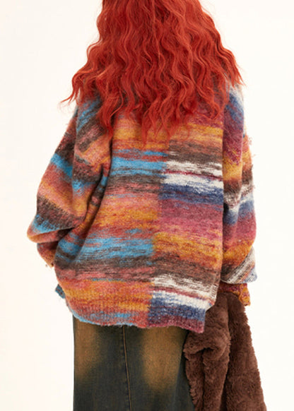 Abrigos de punto acogedores con botones y cuello en V a rayas únicos para invierno