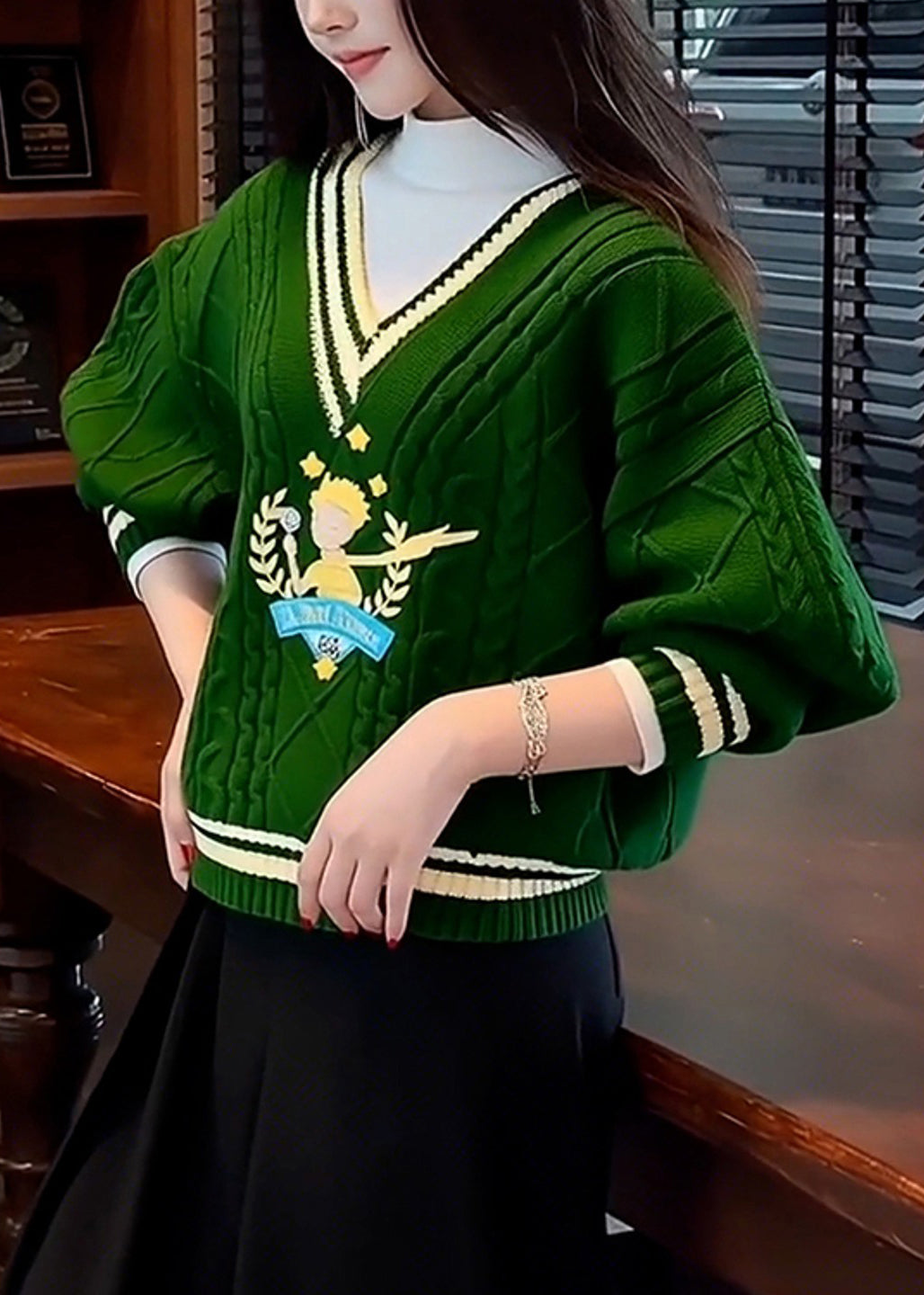 Unique Tea Green V Neck Thick Knit Sweater Winter