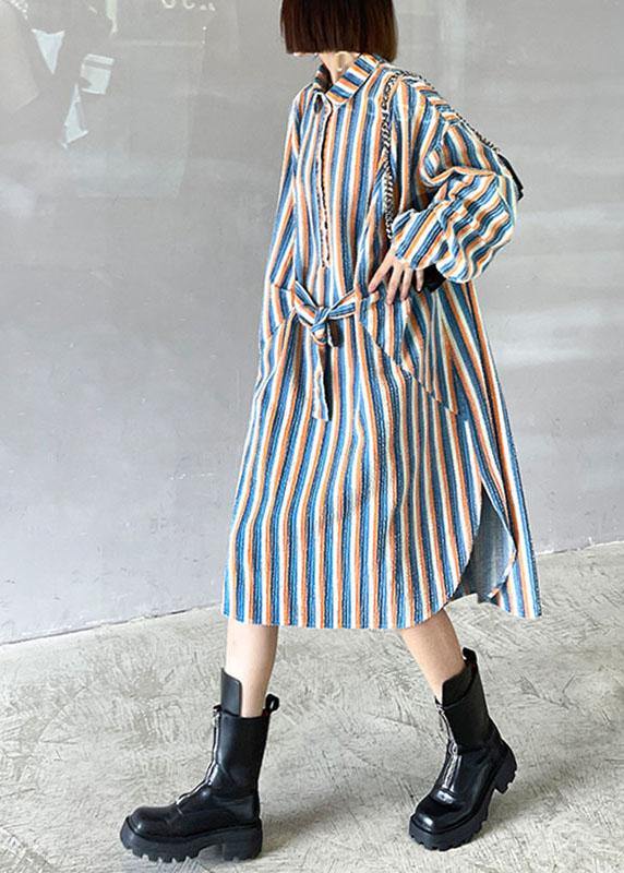 Unique Tie Waist Button Side Open Fall Striped Dress Long sleeve - SooLinen