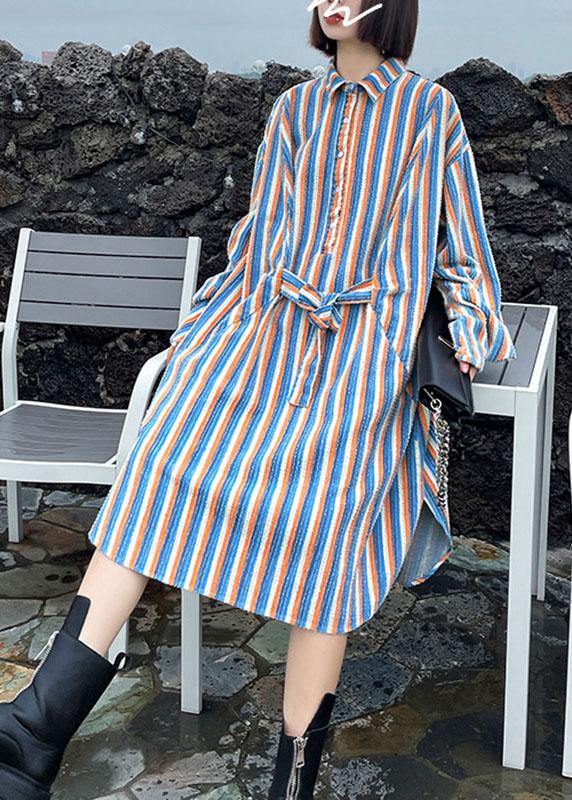 Unique Tie Waist Button Side Open Fall Striped Dress Long sleeve - SooLinen
