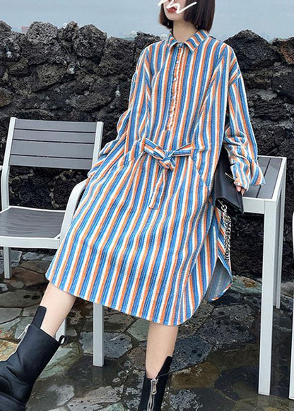 Unique Tie Waist Button Side Open Fall Striped Dress Long sleeve - SooLinen