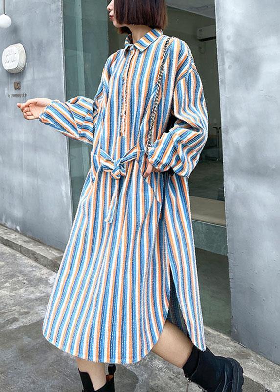 Unique Tie Waist Button Side Open Fall Striped Dress Long sleeve - SooLinen