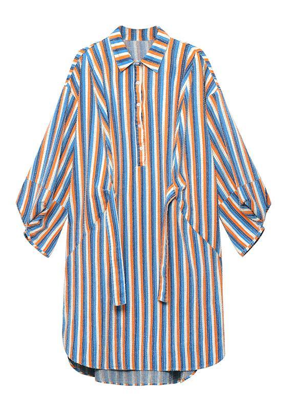 Unique Tie Waist Button Side Open Fall Striped Dress Long sleeve - SooLinen