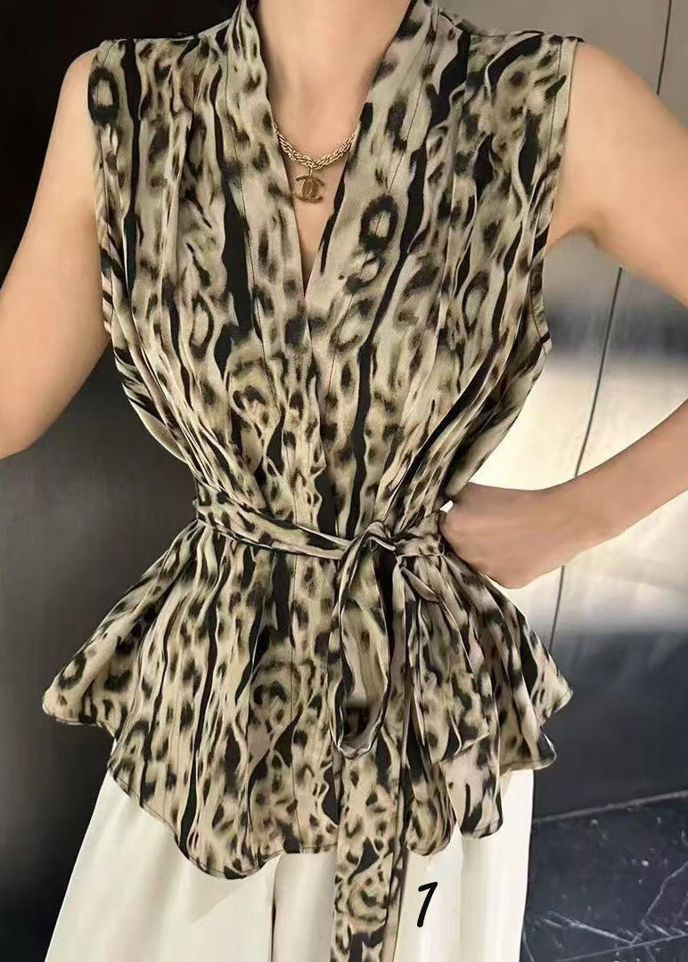 Unique Tie Waist Print Spandex Vest Sleeveless