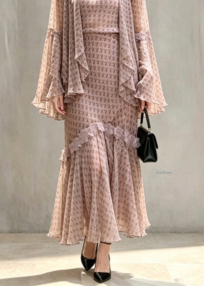 Unique Turtleneck Ruffled Patchwork Tops Maxi Skirts And Two Piece Set Fall
