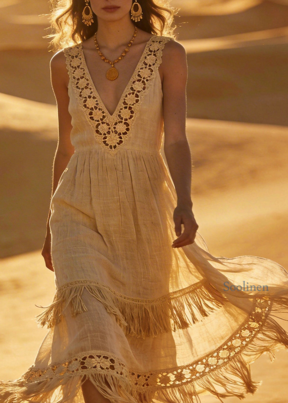 Unique V Neck Hollow Out Tassel Patchwork Cotton Dress Sleeveless