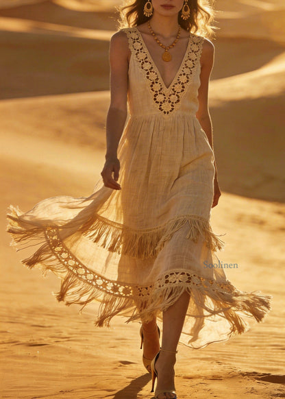 Unique V Neck Hollow Out Tassel Patchwork Cotton Dress Sleeveless