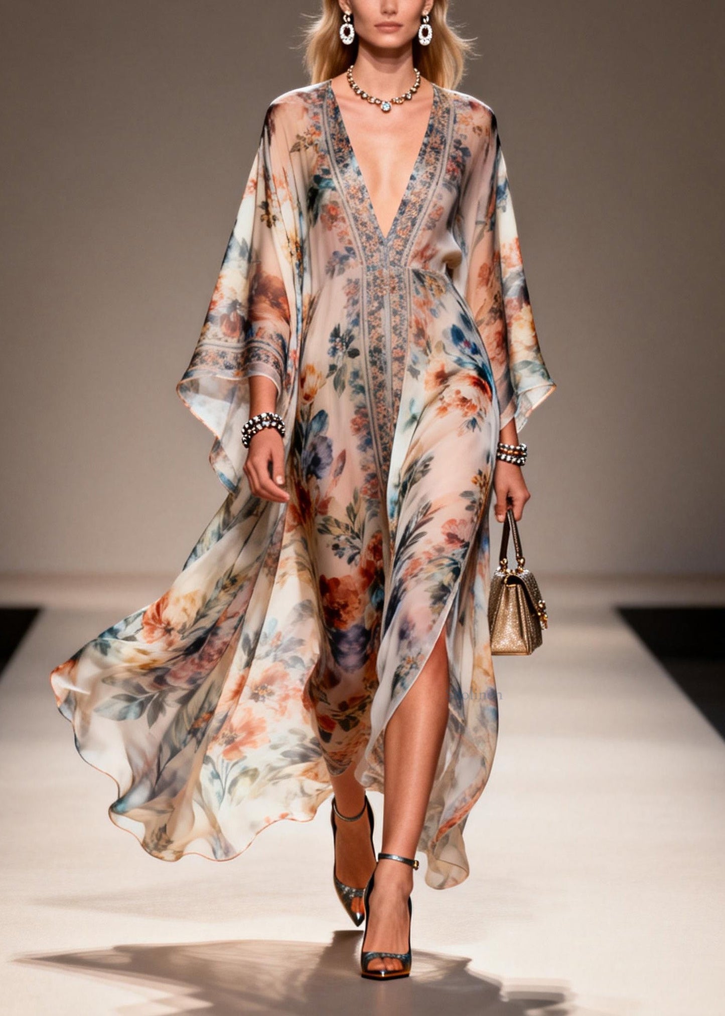 Unique V Neck Print Chiffon Maxi Dresses Spring