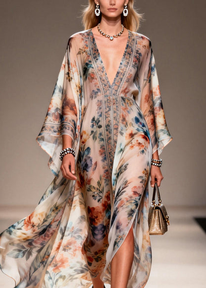 Unique V Neck Print Chiffon Maxi Dresses Spring