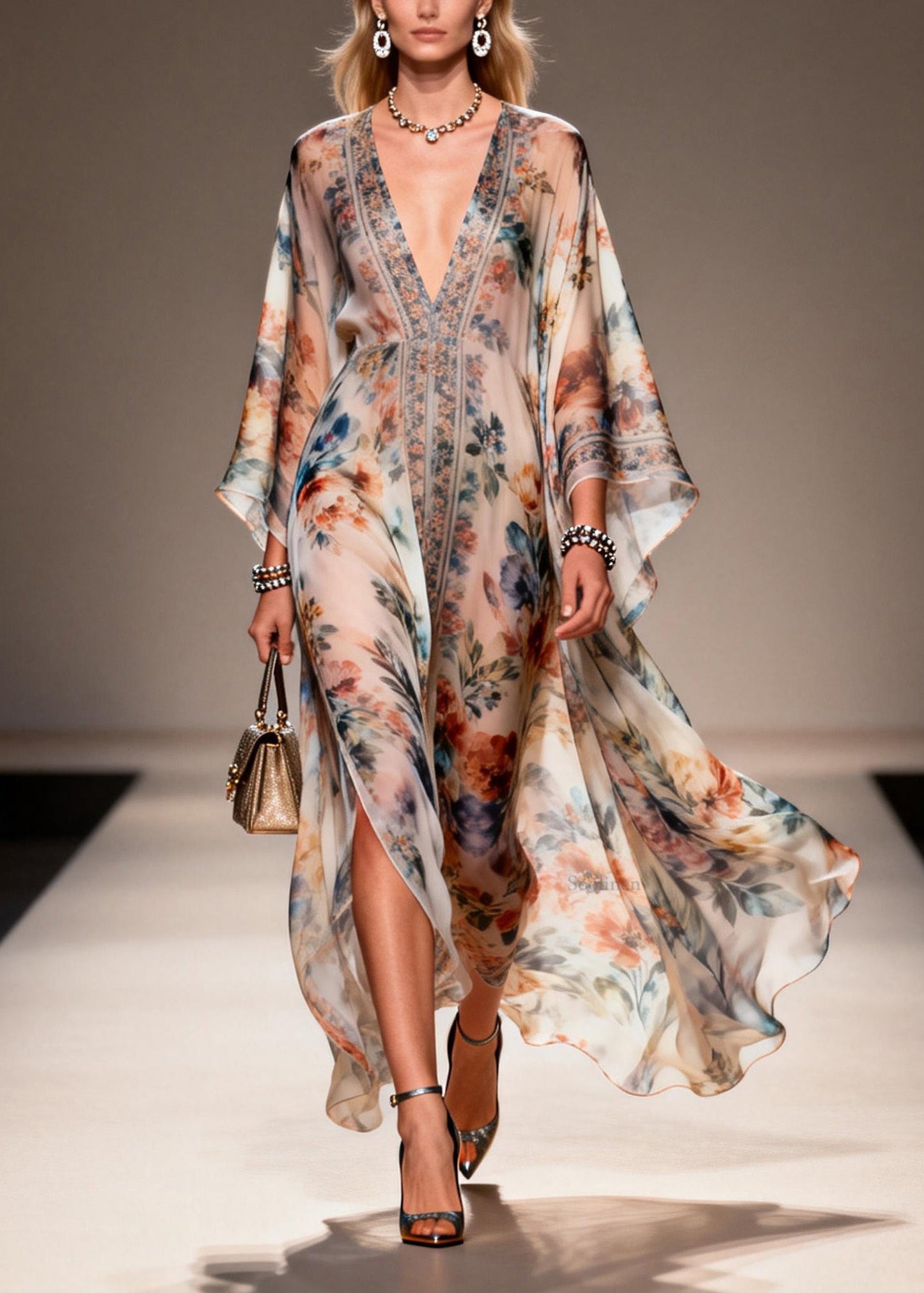 Unique V Neck Print Chiffon Maxi Dresses Spring
