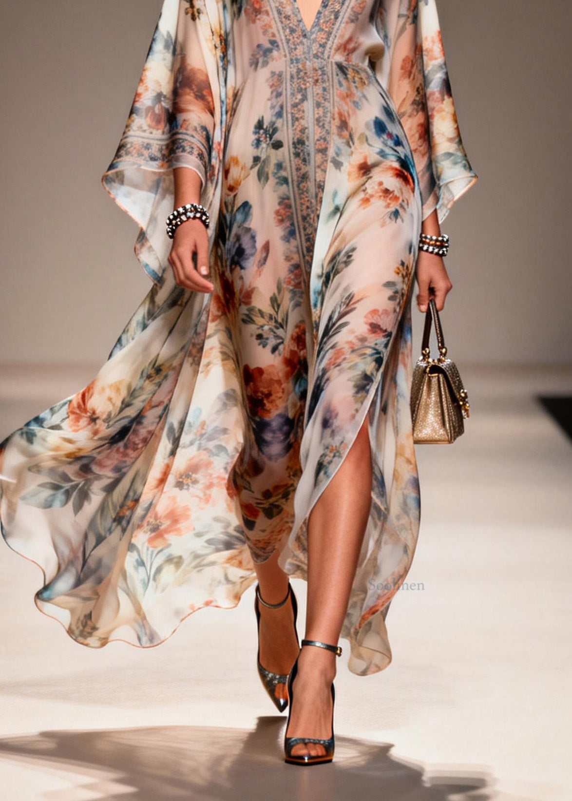 Unique V Neck Print Chiffon Maxi Dresses Spring