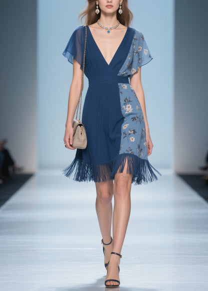 Unique V Neck Print Tassel Patchwork Cotton Dresses Summer