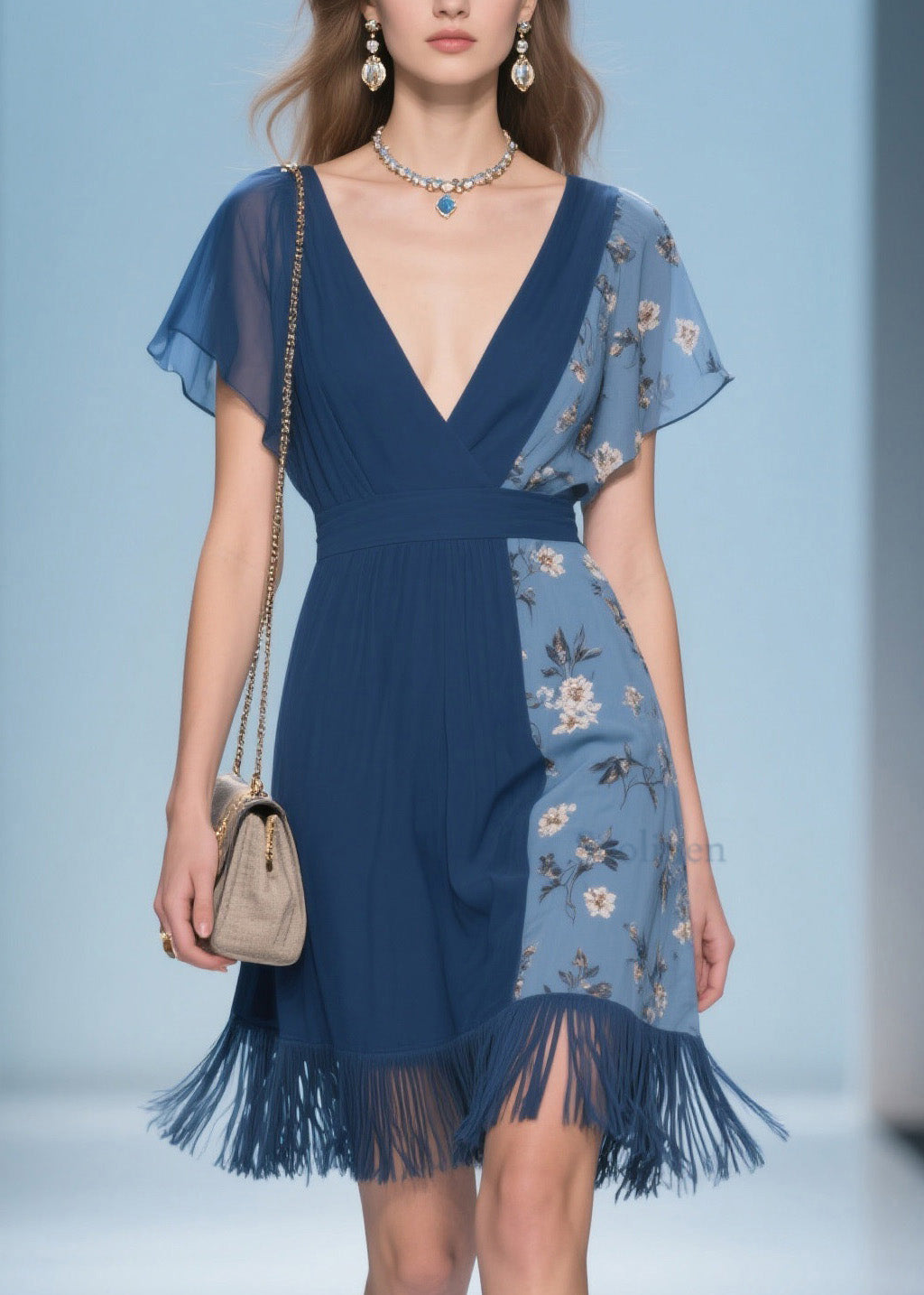 Unique V Neck Print Tassel Patchwork Cotton Dresses Summer