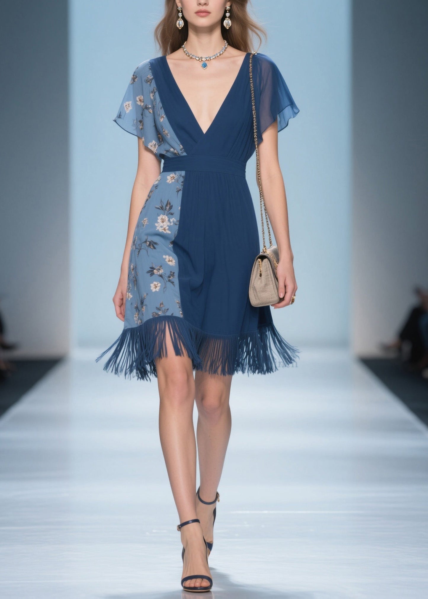 Unique V Neck Print Tassel Patchwork Cotton Dresses Summer